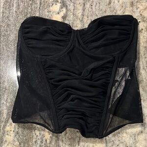 NWOT 🦋 Zara Lined Black Mesh Ruched Cropped Bustier with Boning Sz S